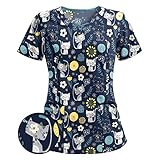 HHyyq Frauen Casual Fashion Kurzarm V-Ausschnitt Tops Arbeitsuniform Cartoon Print Bluse Krankenschwester Kostüm Damen Weihnachts Karikatur Altenpflege Kasack Top