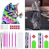 TNYKER 5D Diamond Painting Full Set, 2 Stück Diamant Painting Bilder mit Werkzeuge, Katze & Tiger DIY Malen für Kinder und Erwachsene, Diamant Malerei für Haus, Wand und Eingang Dek