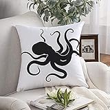 Dekorative Throw Pillow Cover Soft Squid Silhouette Tier Riesigen Alten Tintenfisch Meeresfrüchte Auf Weißem Radierung Tiere, die Wildlife Tattoo Obje für Couch Schlafzimmer Auto 20'x20'