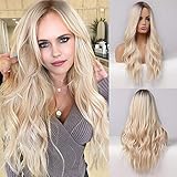 HAIRCUBE Lange lockige Omber Blonde Perücke Mittelscheitel Frauen Perücken 24 Zoll Perücken für Frauen Natürlich aussehende synthetische Perück