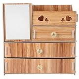 Cabilock Holz Desktop Make-Up Organizer mit Spiegel 3-Schubladen Kosmetik Lagerregal Schmuckhalter Regal Stationäre Lagerung für Home Office Desktop Zubehör B