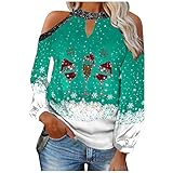 Weihnachtspullover Damen Frauen Oberteile mit Rotweinglas Christmas Muster Winter Sexy Schulterfrei Langarmshirt Beiläufig Bequem Weihnachtsbluse und Winterpullover Weihnachten Theme Shirts Top