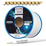 HB-Digital Set: 50m Koaxial SAT Kabel 135db Weiß + 10x F-Stecker vergoldet | CCS (Stahl-Kupfer) Satellit Antennenkabel 5-Fach geschirmt für DVB-S/S2 DVB-C/C2 DVB-T/T2 DAB+ Radio BK Anlag