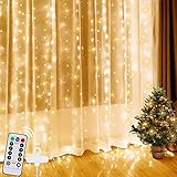 VEHHE LED Lichtervorhang 3x3m, 300 LED Lichterkette mit 8 Modi Einstellbar, Lichterketten Vorhang Wasserdicht für Außen Innen Weihnachts Deko Party Garten Deko, Lichterkette mit Haken (Warmweiß)