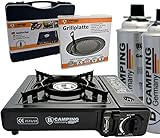 TronicXL Turbo Gasgrill Campinggrill mobil - Gaskocher Campingkocher 1-flammig Piezo-Zündung Alu-Brenner + 2X Kartusche Gaskartuschen Gasflasche Butan + Grillaufsatz Grill Aufsatz + Koffer S