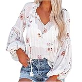 Oberteile Damen, Langarm V-Ausschnitt Laternenärmeln Blumen Print Chiffon Langarmshirt, Mode Elegant Leicht Dünne Basic Shirt Frauen Locker Luftige Lässig Tops Pullover S