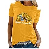 Frauen Tshirts Casual Brief Drucken Tops Kurzarm Hemd O-Ausschnitt Blusen Shirt Lose T-Shirt Oberteil Hemdbluse Kurzärmliges mit Sonnenblumendruck für Damen Lässig Freizeittop