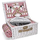 INNO STAGE Romantischer Picknickkorb aus Weidengeflecht für 2Personen, spezielles Set aus weißen Weidenkörben mit großem isoliertem Kühler, kostenlose Decke für Partys im Freien oder Camping MULTI-WAY