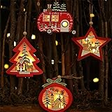 Queta 4 Stück LED Weihnachtsanhänger Holz Weihnachtsbaumschmuck Christbaumschmuck Anhänger Holz Weihnachtsbaum Deko Weihnachtsdeko zum Aufhäng