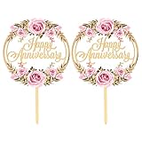 Generic 2 Stück Tortendeko- Happy Anniversary- Acryl Tortenaufsatz Blumen und Blätter Hochzeitstag Kuchendeko Cupcake Topp