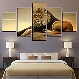 GHYTR Bilder 5 Teilig Leinwandbilder Mit Rahmen Löwe Der König Der Tiere Dschungel Leinwanddrucke 5 Stück Wandkunst Leinwand Bilder XXL Wohnzimmer Wohnkultur 150X80Cm Geschenk