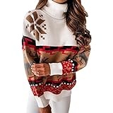 I3CKIZCE Damen Elegante Strickpullover Weihnachten Pullover Warm Schnee Print Mode Langarm Elch Grobstrickpullover Kleid Festliche Casual Lose Pulli Minikleid (Rot-F,L)