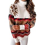 I3CKIZCE Damen Elegante Strickpullover Weihnachten Pullover Warm Schnee Print Mode Langarm Elch Grobstrickpullover Kleid Festliche Casual Lose Pulli Minikleid (Rot-F,L)