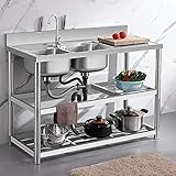 Edelstahl-Waschbecken Kommerzielle Wäschewanne Küchenspüle mit Regal und Werkbank Heiß- und Kaltwasserhahn für Indoor-Garage-Küche im F