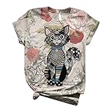 Lialbert T-Shirts Damen Sommer Lose Kurzarm runden Ausschnitt Lustige 3D-Cartoon Bunte Kuh Katze Esel Tier Bedruckte Blusen Komfortable Grafik Shirts Tunika Tops Tee M