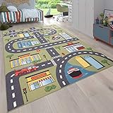 Paco Home Teppich Kinderzimmer Kinderteppich Spielteppich Straßen Und Auto Motiv Grün Grau, Grösse:120x160