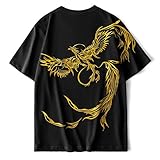 Qier Herren T-Shirt Grafik,Lässiges, Lockeres T-Shirt, Phoenix-Stickerei Im Chinesischen Stil Kurzarm-Streetwear, Sommerpaar-Baumwollfrauen, Schwarz, 3XL