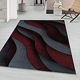 Kurzflor modern Teppich Wohnzimmerteppich 3-D Wellen Muster Rechteckig ROT, Maße:140 cm x 200