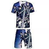 ZOSUO Herren Attack on Titan Sommer Shorts Und Top Sets Kurzarm T-Shirt Kurz Hose Cosplay Eren Jaeger Set Herren Damen Schnell Trocknend Laufendes T-Shirt Jersey Suit,Blau,XXXXL