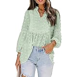 Beaufident Bluse Damen Fallen Elegant Chiffon Bluse Spitze Lange Ärmel Oberteile Shirt Hemd Einfarbig Blusen Vintage T-Shirt Tunika Tops Chiffon Blusentop Loose Oversize Top,C Hellgrün,L