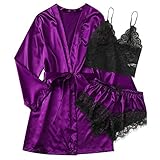 Daodan Damen Morgenmantel Kimono V Ausschnitt Bademantel Nachtwäsche Sleepwear Kurz Satin Robe Bademante mit Gürtel V Ausschnitt Morgenmantel Pajama Dessous Frauen Silk Lace 3 Stück Set Nachtw
