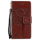 Karomenic kompatibel mit Samsung Galaxy A3 2017 PU Leder Hülle Katze Baum Prägung Handyhülle Brieftasche Silikon Schutzhülle Klapphülle Ledertasche Ständer Wallet Flip Case Schale Etui,Brown#