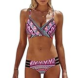 OVERDOSE Frauen Böhmen Push-Up Bikini Sets Gepolsterte BH Beach Damen Badeanzug Bademode Swimsuit Swimwear（Pink,M