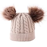 TT- Kinder Mädchen Jungen Winter Strickmütze mit Fellbommel Mütze warme Wintermütze mit Bommel Strick Beanie Mütze Strickmütze Hat Ski Snowboard Bommelmütze Knitted Pom Beanie Hat (Beige, OneSize)