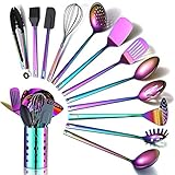 HOMQUEN Regenbogen Küchenutensilien Set, 13 Stück Edelstahl Kochutensilien Set mit Titan Regenbogenbeschichtung, Küchengeräte Set mit Utensilienhalter für Antihaft-Kochgeschirr (13 Packungen)