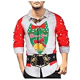 BOTCAM Hässliche Weihnachtshemd Herren Langarmshirt Fun Print Weihnachten Freizeithemd Weihnachtsmann Elch-Print Langarmhemd mit Knopfausschnitt Party Freizeitkleidung Revershemd Schmaler Knop