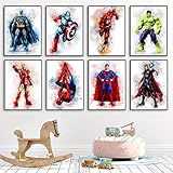 WTYBGDAN Superhelden Aquarell Kunst Leinwanddruck Super Hero Boy Hero Wanddekorationen für Kinderzimmer Jungen Geschenke | 21x30cmx8Pcs / ohne R