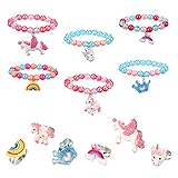 Heyu-Lotus 12 Stück Kinder Einhorn Armband Ring Set, Mädchen Schmuck Perlen Armband mit bunten verstellbaren Ringen, Freundschaftsschmuck für Geburtstagsfeier Gefälligk