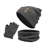 F Fityle Winter Beanie Mütze Schal Set Weiches Fleece Innenfutter Tolle Warme, Dehnbare Strickmütze Mütze Elastischer Nackenwärmer für Herren Damen Damen - Dunkelg