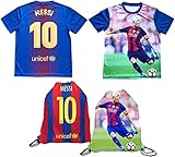 Messi Jersey Style T-Shirt Kids Lionel Messi Jersey Bild T-Shirt Geschenk Set Jugendgrößen ✓ Premium Qualität ✓ leicht atmungsaktiv ✓ Fußball Rucksack Geschenk-Verpackung, blau, YS 6-8 Years O