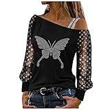 Sweatshirt Damen Schulterfrei Oberteile Sexy Glitzer Langarmshirt Casual Mode Langarm Shirt Bluse Tops Tunika Elegant Einfarbig Pullover Jumper Herbst Winter Spitze Streetwear L