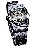 DUNCOUGAR Racing Triangle Skelett Automatikuhren für Herren Schwarz Edelstahl Mechanische Armbanduhr Herrenuhr Einzigartig Unregelmäßig Sport Zifferblatt Montre de N