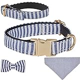 YUDOTE Hundehalsband, Fliege, Bandana und Armband, 4-in-1, passende Sets für männliche Hundeliebhaber, Geschenk-Set, klassisches weiß-blaues Streifenmuster, groß