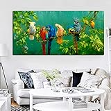 ZXFMT Leinwanddrucke Künstlerische Papagei Vogel Auf Zweigen Holz Landschaft Ölgemälde Auf Leinwand Poster Drucken Wandbild Für Wohnzimmer Dekor 60x150