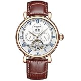 JTTM Herren Automatik Mechanisch Armbanduhr Leder Armband Tourbillon Kalender Leuchtend Zeiger Multifunktionen Armbanduhr Wasserdicht Uhr,Rose W