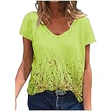 Damen Oberteile Sport T-Shirt Kurzarm Laufshirt V-Ausschnitt Rundhals Casual Locker Basic Shirt Tunika Tops Lose Blume Drucken Kurzärmeliges(Gelb,XL)