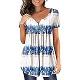 Soupliebe Tunika Damen Kurzarm Plissee Bluse Mit Knopfleiste Elegant Mit Print Blusentops Luftig V-Ausschnitt Casual Tshirt Casual Lässige Locker Weich Basic Tee Top Bluse Tops Sweatshirt Streetw