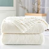 Baumwolle Gestrickte Decke 4 Jahreszeiten Bettdecke- 130x180cm Ultra Weiche überwurf Decke Wohn-Kuscheldecke für Baby Couch Bett Sofa Stuhl Auto Büro (Rautenmuster, Weiß)