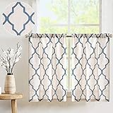 TOPICK Linen-Optik Gardinen Geometrische Scheibengardinen Marokkanische Vorhänge Verdunklung Küchenvorhang Kurz Küchengardinen für Küchen Esszimmer Klein Fenster Blau 2er Set 65 x 90