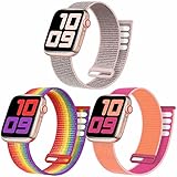 RYCUZO 3-Pack Nylon Solo Loop Kompatibel mit Apple Watch Armband 38mm 40mm 41mm für Männer Frauen Sport Verstellbare Gummibänder Geflochtenes für iWatch Series 7/6/5/4/3/2/1,SE,Rainbow/Pom/S