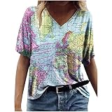 Damen Tops Casual Weltkarte Motiv Pullover 3D-gedrucktes T-Shirt Neuartige Kurzarm-Tunika-Bluse mit V-Ausschnitt und Lockerem Tunika(XXL,Blau)