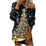 Komiseup Longshirt Damen Weihnachtsbaum Druck Diagonaler Kragen Pullover Tops Langarm Damen Christmas Oberteile B