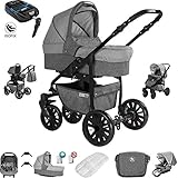 Friedrich Hugo Berlin | 4 in 1 Kombi Kinderwagen + ISOFIX | Luftreifen | Farbe: Grey and Light Grey Nig