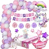 Einhorn Geburtstagsdeko Mädchen, Geburtstags Party Dekorationen mit Einhorn Ballon Happy Birthday Banner Rosa Lila Luftballons Cake Topper Tischdecke für kindergeburtstag Mädchen Festival Dek