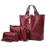 YOUNXSL Damen Handtasche Tote Krokodilmuster Shopper Groß Schultertasche Umhängetasche Geldbörse Kartenhalter Tasche 3-teiliges Set für Büro Einkauf Reise Geschenk Rotw