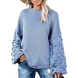 Übergroße Strickpullover für Damen Casual Langarm Pullover mit Rundhalsausschnitt Oberteile Einfarbige, gerippte, lockere Pullover-Hemden (XL,Blau)